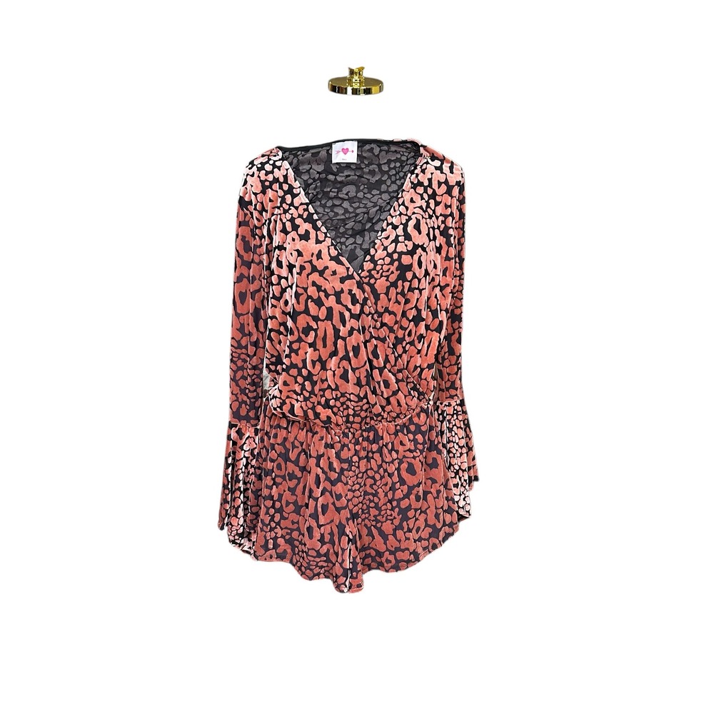 Womens Velvet Leopard Print Bell Sleeve Romper Terracotta Small
